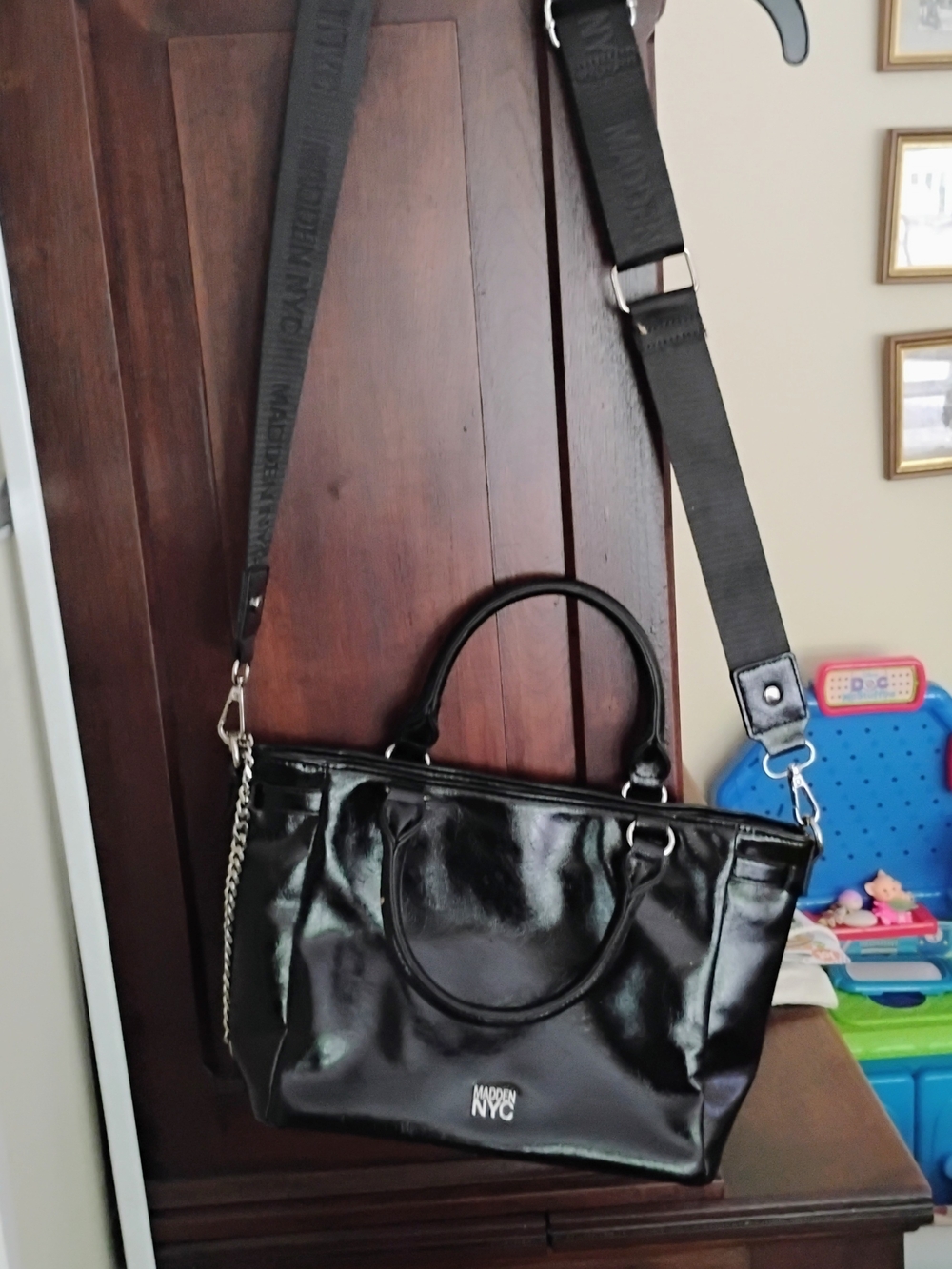 Black Patent Shoulder Tote with Detachable Strap